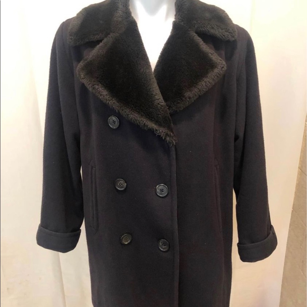Perry Ellis Black Faux Fur Size 10 Wool Coat